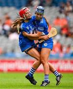 10 August 2025; Kaylee O’Keefe, left, and Alanna Tynan of Laois celebrate at the final whistle of the Glen Dimplex All-Ireland Premier Junior Camogie Championship final match between Armagh and Laois at Croke Park in Dublin. Photo by Ramsey Cardy/Sportsfile