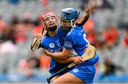 10 August 2025; Kaylee O’Keefe, left, and Alanna Tynan of Laois celebrate at the final whistle of the Glen Dimplex All-Ireland Premier Junior Camogie Championship final match between Armagh and Laois at Croke Park in Dublin. Photo by Ramsey Cardy/Sportsfile