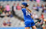 10 August 2025; Aimee Collier of Laois celebrates a late point during the Glen Dimplex All-Ireland Premier Junior Camogie Championship final match between Armagh and Laois at Croke Park in Dublin. Photo by Ramsey Cardy/Sportsfile