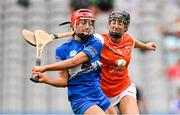 10 August 2025; Kaylee O’Keefe of Laois in action against Michelle McCone of Armagh during the Glen Dimplex All-Ireland Premier Junior Camogie Championship final match between Armagh and Laois at Croke Park in Dublin. Photo by Ramsey Cardy/Sportsfile