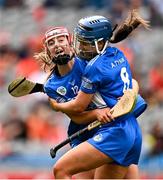 10 August 2025; Kaylee O’Keefe, left, and Alanna Tynan of Laois celebrate at the final whistle of the Glen Dimplex All-Ireland Premier Junior Camogie Championship final match between Armagh and Laois at Croke Park in Dublin. Photo by Ramsey Cardy/Sportsfile