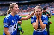 10 August 2025; Laois players Lucy Conroy, left, and Kaylee O’Keefe celebrate after their side's victory in the Glen Dimplex All-Ireland Premier Junior Camogie Championship final match between Armagh and Laois at Croke Park in Dublin. Photo by Piaras Ó Mídheach/Sportsfile