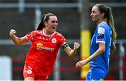 10 August 2025; Jessica Gargan of Shelbourne celebrates after scoring her side's first goal during the SSE Airtricity Women's Premier Division match between Shelbourne and Waterford at Tolka Park in Dublin. Photo by Tyler Miller/Sportsfile