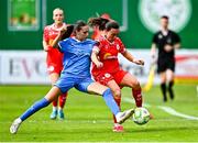 10 August 2025; Megan Smyth-Lynch of Shelbourne is tackled by Chloe Atkinson of Waterford during the SSE Airtricity Women's Premier Division match between Shelbourne and Waterford at Tolka Park in Dublin. Photo by Tyler Miller/Sportsfile