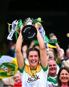 10 August 2025; Offaly captain Orlagh Phelan lifts the Jack McGrath Cup after her side's victory in the Glen Dimplex All-Ireland Intermediate Camogie Championship final match between Offaly and Kerry at Croke Park in Dublin. Photo by Piaras Ó Mídheach/Sportsfile
