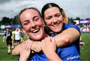 10 August 2025; Leinster players Emma Kelly, left, and Jade Gaffney after their side's victory in the Vodafone Women’s Interprovincial Championship Round 1 match between Leinster and Ulster at Energia Park in Dublin. Photo by Shauna Clinton/Sportsfile
