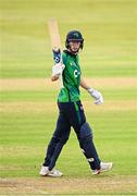 10 August 2025; Ireland batter Orla Prendergast acknowledges the crowd after scoring 50 runs during match three of the Women's T20 International Series between Ireland and Pakistan at Castle Avenue Cricket Ground in Dublin. Photo by Seb Daly/Sportsfile