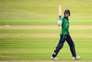 10 August 2025; Ireland batter Orla Prendergast acknowledges the crowd after scoring 50 runs during match three of the Women's T20 International Series between Ireland and Pakistan at Castle Avenue Cricket Ground in Dublin. Photo by Seb Daly/Sportsfile