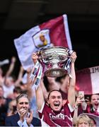 10 August 2025; Galway captain Carrie Dolan lifts the O'Duffy Cup after her side's victory in the Glen Dimplex All-Ireland Senior Camogie Championship final match between Cork and Galway at Croke Park in Dublin. Photo by Piaras Ó Mídheach/Sportsfile