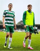 10 August 2025; Matt Healy of Shamrock Rovers, left, and Danny Grant leave the pitch after the drawn SSE Airtricity Men's Premier Division match between Galway United and Shamrock Rovers at Eamonn Deacy Park in Galway. Photo by Thomas Flinkow/Sportsfile
