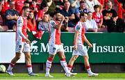 10 August 2025; Jake Mulraney of St Patrick's Athletic, centre, celebrates after scoring his side's first goal during the SSE Airtricity Men's Premier Division match between St Patrick's Athletic and Sligo Rovers at Richmond Park in Dublin. Photo by Tyler Miller/Sportsfile