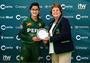 10 August 2025; Muneeba Ali of Pakistan is presented with the Player of the Match award by Cricket Ireland president Donna Armstrong after match three of the Women's T20 International Series between Ireland and Pakistan at Castle Avenue Cricket Ground in Dublin. Photo by Seb Daly/Sportsfile