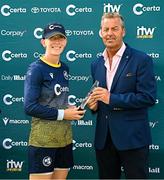 10 August 2025; Orla Prendergast of Ireland is presented with the Player of the Series award by Chair of the Cricket Ireland Board Brian MacNeice after match three of the Women's T20 International Series between Ireland and Pakistan at Castle Avenue Cricket Ground in Dublin. Photo by Seb Daly/Sportsfile