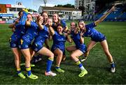 10 August 2025; Leinster players celebrate after their side's victory in the PwC U-18 Girls Interprovincial Series match between Leinster and Ulster at Energia Park in Dublin. Photo by Shauna Clinton/Sportsfile