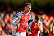 10 August 2025; Mason Melia of St Patrick's Athletic celebrates after scoring his side's second goal during the SSE Airtricity Men's Premier Division match between St Patrick's Athletic and Sligo Rovers at Richmond Park in Dublin. Photo by Tyler Miller/Sportsfile