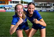 10 August 2025; Leinster players Maebh Ní Cholla, left, and Gráinne Cleary celebrate after their side's victory in the PwC U-18 Girls Interprovincial Series match between Leinster and Ulster at Energia Park in Dublin. Photo by Shauna Clinton/Sportsfile