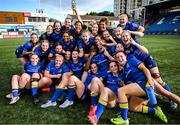 10 August 2025; Leinster players celebrate after their side's victory in the PwC U-18 Girls Interprovincial Series match between Leinster and Ulster at Energia Park in Dublin. Photo by Shauna Clinton/Sportsfile
