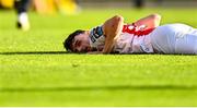 10 August 2025; Simon Power of St Patrick's Athletic reacts to a missed opportunity on goal during the SSE Airtricity Men's Premier Division match between St Patrick's Athletic and Sligo Rovers at Richmond Park in Dublin. Photo by Tyler Miller/Sportsfile