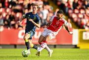 10 August 2025; Jake Mulraney of St Patrick's Athletic in action against Will Fitzgerald of Sligo Rovers during the SSE Airtricity Men's Premier Division match between St Patrick's Athletic and Sligo Rovers at Richmond Park in Dublin. Photo by Tyler Miller/Sportsfile