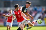 10 August 2025; Jay McClelland of St Patrick's Athletic in action against Sebastian Quirk of Sligo Rovers during the SSE Airtricity Men's Premier Division match between St Patrick's Athletic and Sligo Rovers at Richmond Park in Dublin. Photo by Tyler Miller/Sportsfile