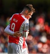 10 August 2025; Mason Melia of St Patrick's Athletic celebrates with team-mate Chris Forrester, hidden, after scoring their side's third goal during the SSE Airtricity Men's Premier Division match between St Patrick's Athletic and Sligo Rovers at Richmond Park in Dublin. Photo by Tyler Miller/Sportsfile