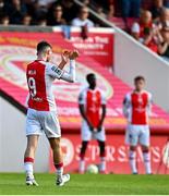 10 August 2025; Mason Melia of St Patrick's Athletic acknowledges supporters as he is substituted off in the second-half during the SSE Airtricity Men's Premier Division match between St Patrick's Athletic and Sligo Rovers at Richmond Park in Dublin. Photo by Tyler Miller/Sportsfile