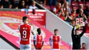 10 August 2025; Mason Melia of St Patrick's Athletic acknowledges supporters as he is substituted off in the second-half during the SSE Airtricity Men's Premier Division match between St Patrick's Athletic and Sligo Rovers at Richmond Park in Dublin. Photo by Tyler Miller/Sportsfile