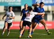 10 August 2025; Grace Cosgrove of Leinster is tackled by Méabh Hull of Ulster during the PwC U-18 Girls Interprovincial Series match between Leinster and Ulster at Energia Park in Dublin. Photo by Shauna Clinton/Sportsfile