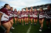 10 August 2025; The Galway team celebrate after the Glen Dimplex All-Ireland Senior Camogie Championship final match between Cork and Galway at Croke Park in Dublin. Photo by Ramsey Cardy/Sportsfile