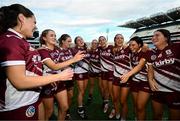 10 August 2025; The Galway team celebrate after the Glen Dimplex All-Ireland Senior Camogie Championship final match between Cork and Galway at Croke Park in Dublin. Photo by Ramsey Cardy/Sportsfile