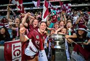 10 August 2025; Ailish O’Reilly of Galway celebrates with The O'Duffy Cup after the Glen Dimplex All-Ireland Senior Camogie Championship final match between Cork and Galway at Croke Park in Dublin. Photo by Ramsey Cardy/Sportsfile