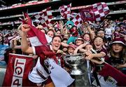 10 August 2025; Ailish O’Reilly of Galway celebrates with The O'Duffy Cup after the Glen Dimplex All-Ireland Senior Camogie Championship final match between Cork and Galway at Croke Park in Dublin. Photo by Ramsey Cardy/Sportsfile