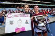 10 August 2025; Aoife Donohue of Galway with Eve O'Connor after the Glen Dimplex All-Ireland Senior Camogie Championship final match between Cork and Galway at Croke Park in Dublin. Photo by Ramsey Cardy/Sportsfile