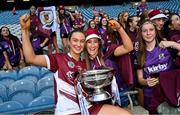 10 August 2025; Alannah Kelly of Galway celebrates with The O'Duffy Cup after the Glen Dimplex All-Ireland Senior Camogie Championship final match between Cork and Galway at Croke Park in Dublin. Photo by Ramsey Cardy/Sportsfile