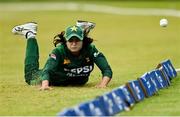 10 August 2025; Rameen Shamim of Pakistan fails to stop a boundary during match three of the Women's T20 International Series between Ireland and Pakistan at Castle Avenue Cricket Ground in Dublin. Photo by Peter Langan/Sportsfile