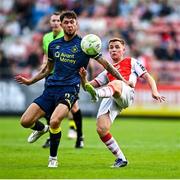 10 August 2025; Brandon Kavanagh of St Patrick's Athletic in action against Matty Wolfe of Sligo Rovers during the SSE Airtricity Men's Premier Division match between St Patrick's Athletic and Sligo Rovers at Richmond Park in Dublin. Photo by Tyler Miller/Sportsfile