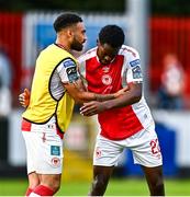 10 August 2025; Jake Mulraney, left, and Jordan Garrick of St Patrick's Athletic after the SSE Airtricity Men's Premier Division match between St Patrick's Athletic and Sligo Rovers at Richmond Park in Dublin. Photo by Tyler Miller/Sportsfile