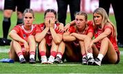 10 August 2025; Cork players, from left, Aoife O’Neill, Saoirse McCarthy, Laura Hayes and Ciara O’Sullivan dejected after the Glen Dimplex All-Ireland Senior Camogie Championship final match between Cork and Galway at Croke Park in Dublin. Photo by Ramsey Cardy/Sportsfile