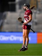 10 August 2025; Carrie Dolan of Galway celebrates scoring the match winning point from a free during the Glen Dimplex All-Ireland Senior Camogie Championship final match between Cork and Galway at Croke Park in Dublin. Photo by Ramsey Cardy/Sportsfile