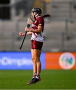 10 August 2025; Carrie Dolan of Galway celebrates scoring the match winning point from a free during the Glen Dimplex All-Ireland Senior Camogie Championship final match between Cork and Galway at Croke Park in Dublin. Photo by Ramsey Cardy/Sportsfile