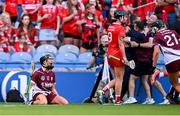 10 August 2025; Aoife Donohue of Galway celebrates at the final whistle of the Glen Dimplex All-Ireland Senior Camogie Championship final match between Cork and Galway at Croke Park in Dublin. Photo by Ramsey Cardy/Sportsfile