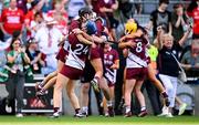 10 August 2025; Carrie Dolan and Jennifer Hughes of Galway celebrate at the final whistle of the Glen Dimplex All-Ireland Senior Camogie Championship final match between Cork and Galway at Croke Park in Dublin. Photo by Ramsey Cardy/Sportsfile