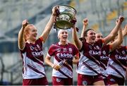 10 August 2025; Roisin Black, left, and Ailish O’Reilly of Galway with The O'Duffy Cup after the Glen Dimplex All-Ireland Senior Camogie Championship final match between Cork and Galway at Croke Park in Dublin. Photo by Ramsey Cardy/Sportsfile