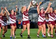 10 August 2025; Roisin Black, left, and Ailish O’Reilly of Galway with The O'Duffy Cup after the Glen Dimplex All-Ireland Senior Camogie Championship final match between Cork and Galway at Croke Park in Dublin. Photo by Ramsey Cardy/Sportsfile