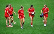 10 August 2025; Cork players, from left, Meabh Cahalane, Ciara O’Sullivan, Laura Hayes, Saoirse McCarthy and Laura Treacy of Cork leave the pitch after their side's defeat in the Glen Dimplex All-Ireland Senior Camogie Championship final match between Cork and Galway at Croke Park in Dublin. Photo by Piaras Ó Mídheach/Sportsfile