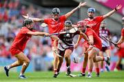 10 August 2025; Aoife Donohue of Galway in action against Cork players, from left, Laura Treacy, Ashling Thompson, Aoife Healy and Sorcha McCartan during the Glen Dimplex All-Ireland Senior Camogie Championship final match between Cork and Galway at Croke Park in Dublin. Photo by Ramsey Cardy/Sportsfile