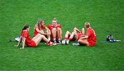 10 August 2025; Cork players, from left, Meabh Cahalane, Ciara O’Sullivan, Laura Hayes, Saoirse McCarthy and Laura Treacy on the pitch after their side's defeat in the Glen Dimplex All-Ireland Senior Camogie Championship final match between Cork and Galway at Croke Park in Dublin. Photo by Piaras Ó Mídheach/Sportsfile