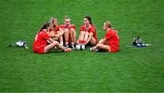 10 August 2025; Cork players, from left, Meabh Cahalane, Ciara O’Sullivan, Laura Hayes, Saoirse McCarthy and Laura Treacy on the pitch after their side's defeat in the Glen Dimplex All-Ireland Senior Camogie Championship final match between Cork and Galway at Croke Park in Dublin. Photo by Piaras Ó Mídheach/Sportsfile