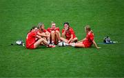 10 August 2025; Cork players, from left, Meabh Cahalane, Ciara O’Sullivan, Laura Hayes, Saoirse McCarthy and Laura Treacy on the pitch after their side's defeat in the Glen Dimplex All-Ireland Senior Camogie Championship final match between Cork and Galway at Croke Park in Dublin. Photo by Piaras Ó Mídheach/Sportsfile