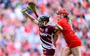 10 August 2025; Aoife Donohue of Galway in action against Libby Coppinger of Cork during the Glen Dimplex All-Ireland Senior Camogie Championship final match between Cork and Galway at Croke Park in Dublin. Photo by Ramsey Cardy/Sportsfile